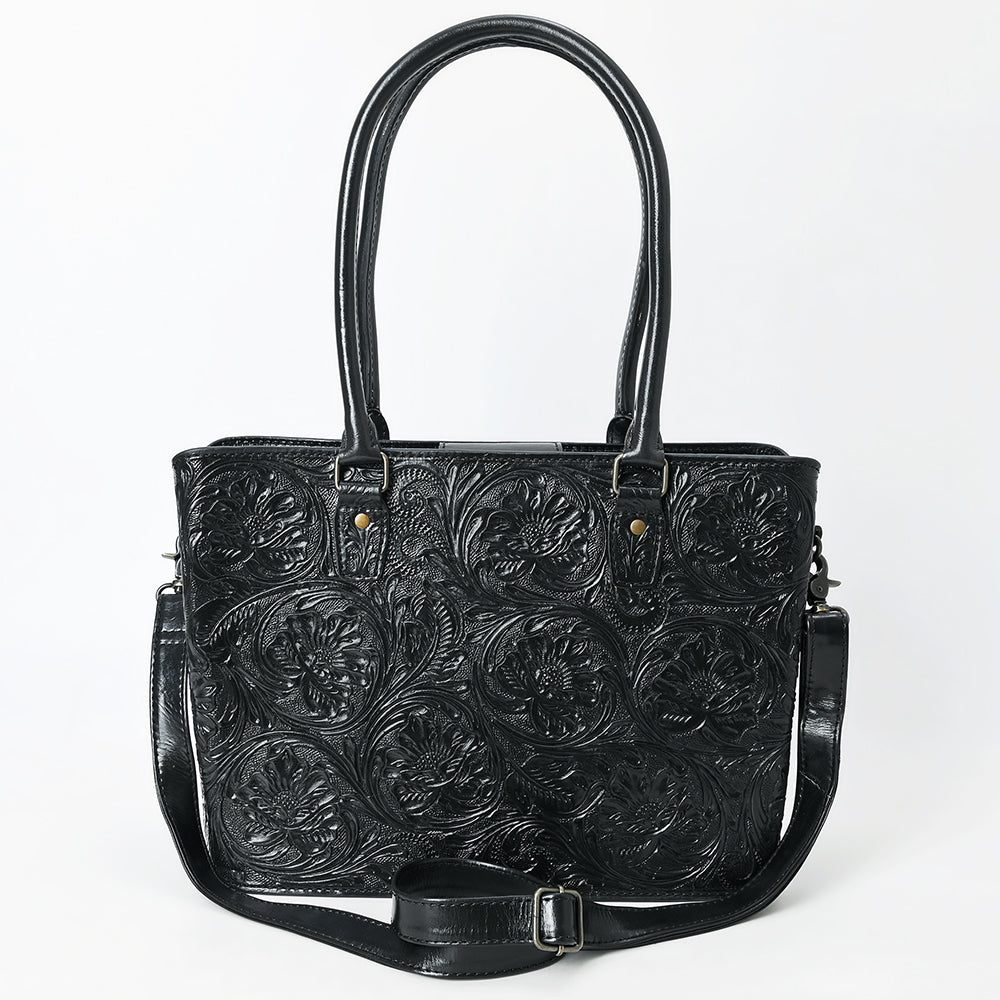 ADBG1539 Black Hand-Tooled Leather Tote Bag - Western Floral Everyday Carry