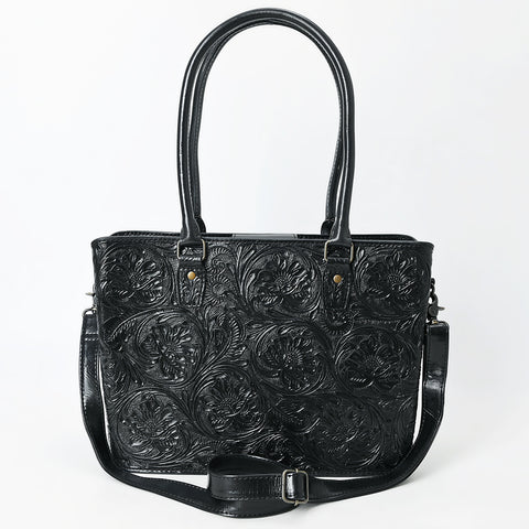 American Darling Black Western Leather Tote Bag with Hand-Tooled Floral Design ï¿½ Genuine Leather