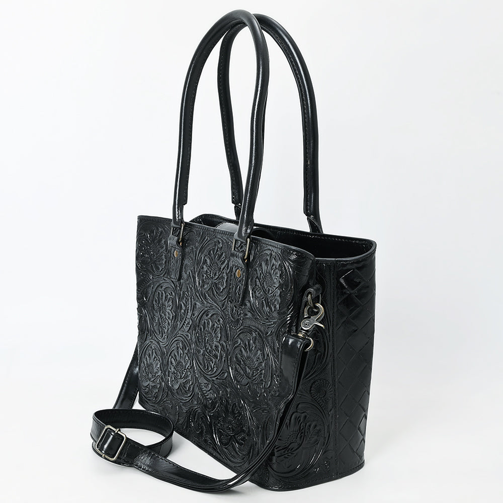 ADBG1539 Black Hand-Tooled Leather Tote Bag - Western Floral Everyday Carry