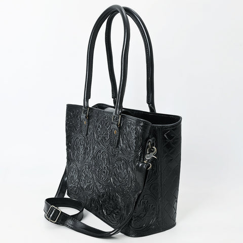 American Darling Black Western Leather Tote Bag with Hand-Tooled Floral Design ï¿½ Genuine Leather