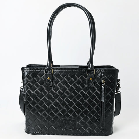 American Darling Black Western Leather Tote Bag with Hand-Tooled Floral Design ï¿½ Genuine Leather