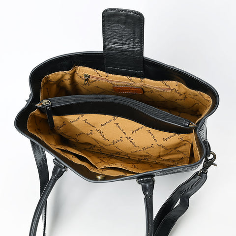 American Darling Black Western Leather Tote Bag with Hand-Tooled Floral Design ï¿½ Genuine Leather