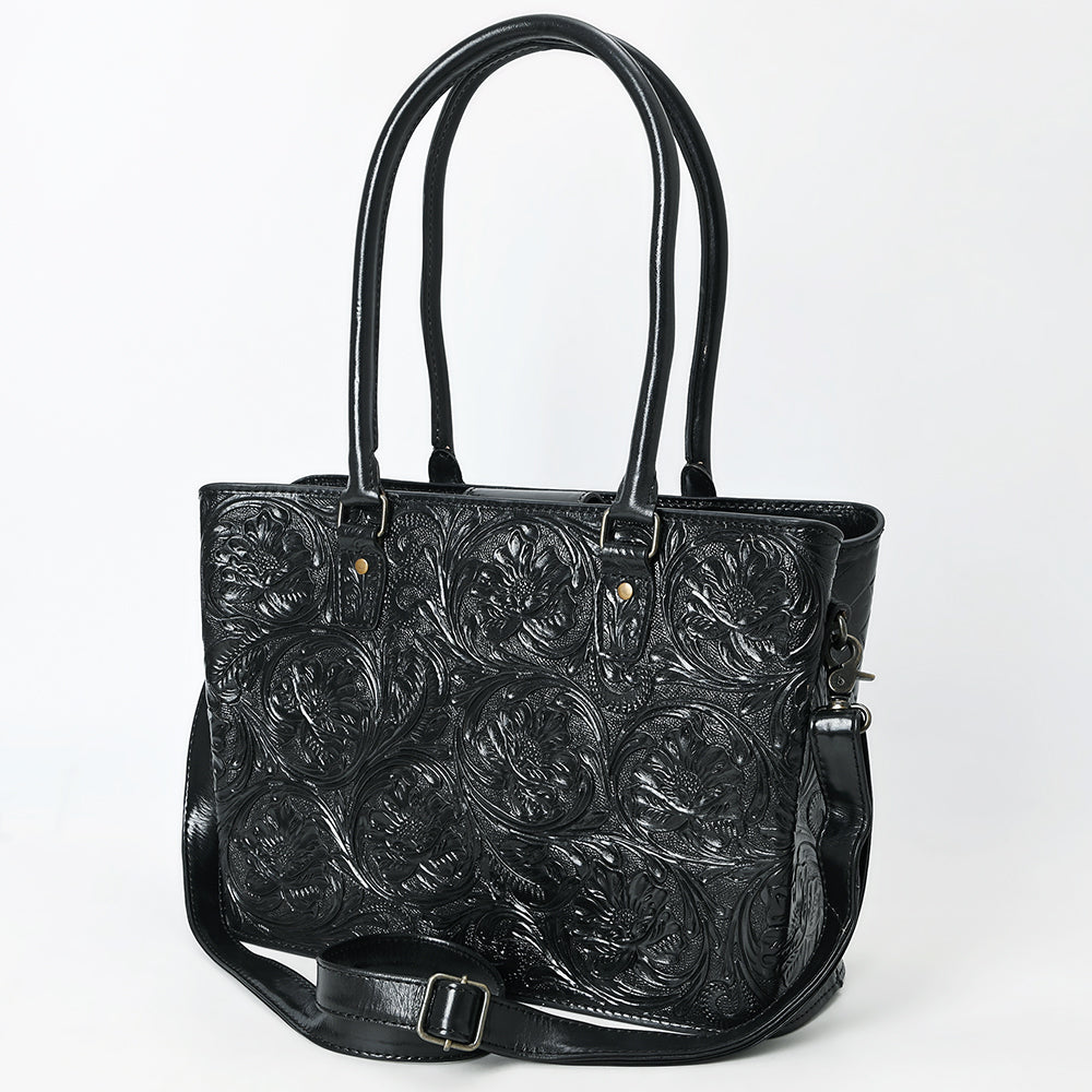ADBG1539 Black Hand-Tooled Leather Tote Bag - Western Floral Everyday Carry
