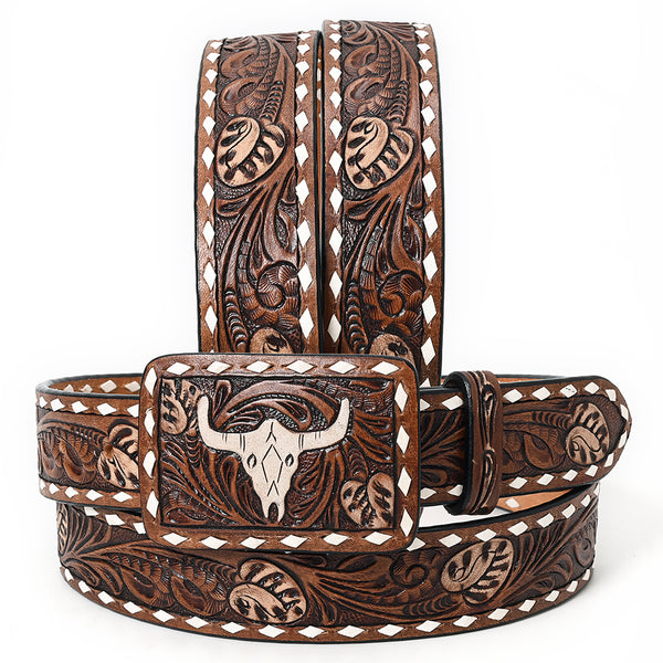 ADBLF264 Bull Skull Tooled Leather Belt with Whipstitch Edge and Matching Buckle