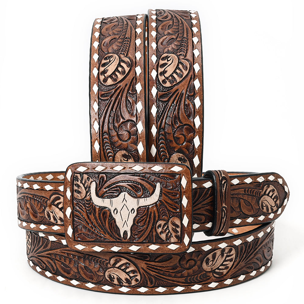ADBLF264 Bull Skull Tooled Leather Belt with Whipstitch Edge and Matching Buckle