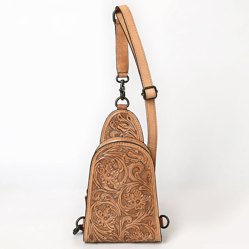 ADBG1542 Hand-Tooled Leather Sling Backpack - Western Crossbody Daypack