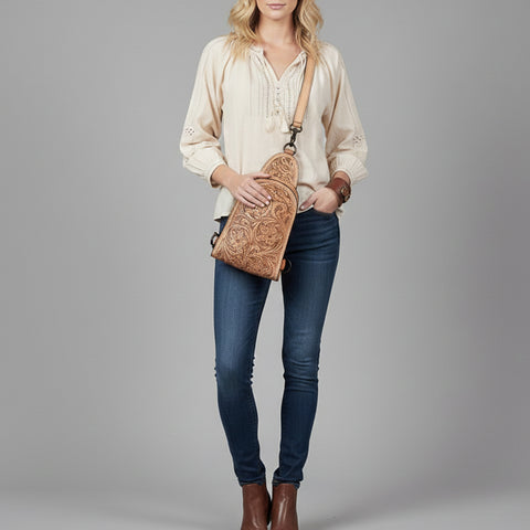 American Darling Western Leather Sling Bag with Hand-Tooled Floral Design ï¿½ Genuine Vegetable-Tanned Leather