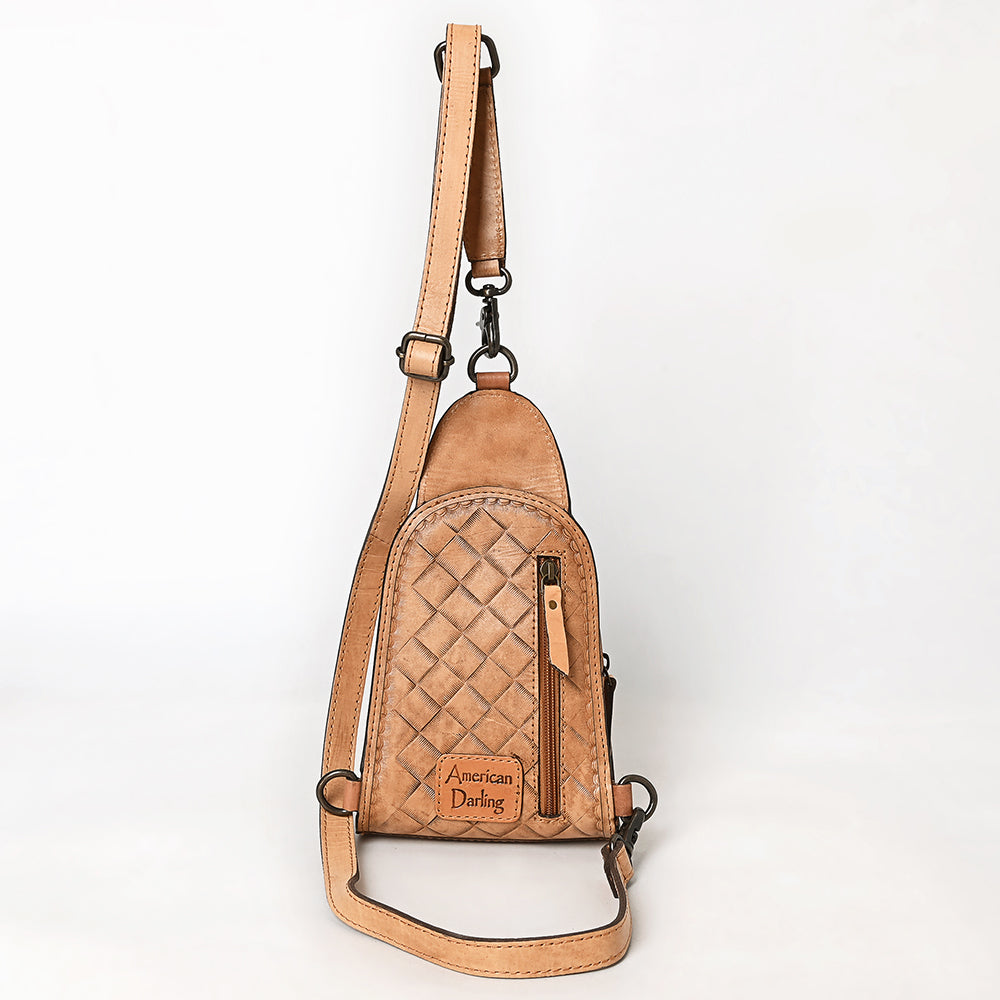 ADBG1542 Hand-Tooled Leather Sling Backpack - Western Crossbody Daypack