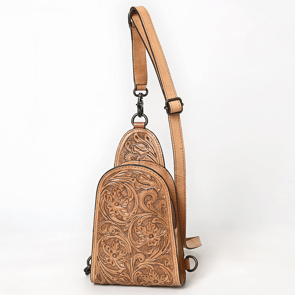 ADBG1542 Hand-Tooled Leather Sling Backpack - Western Crossbody Daypack