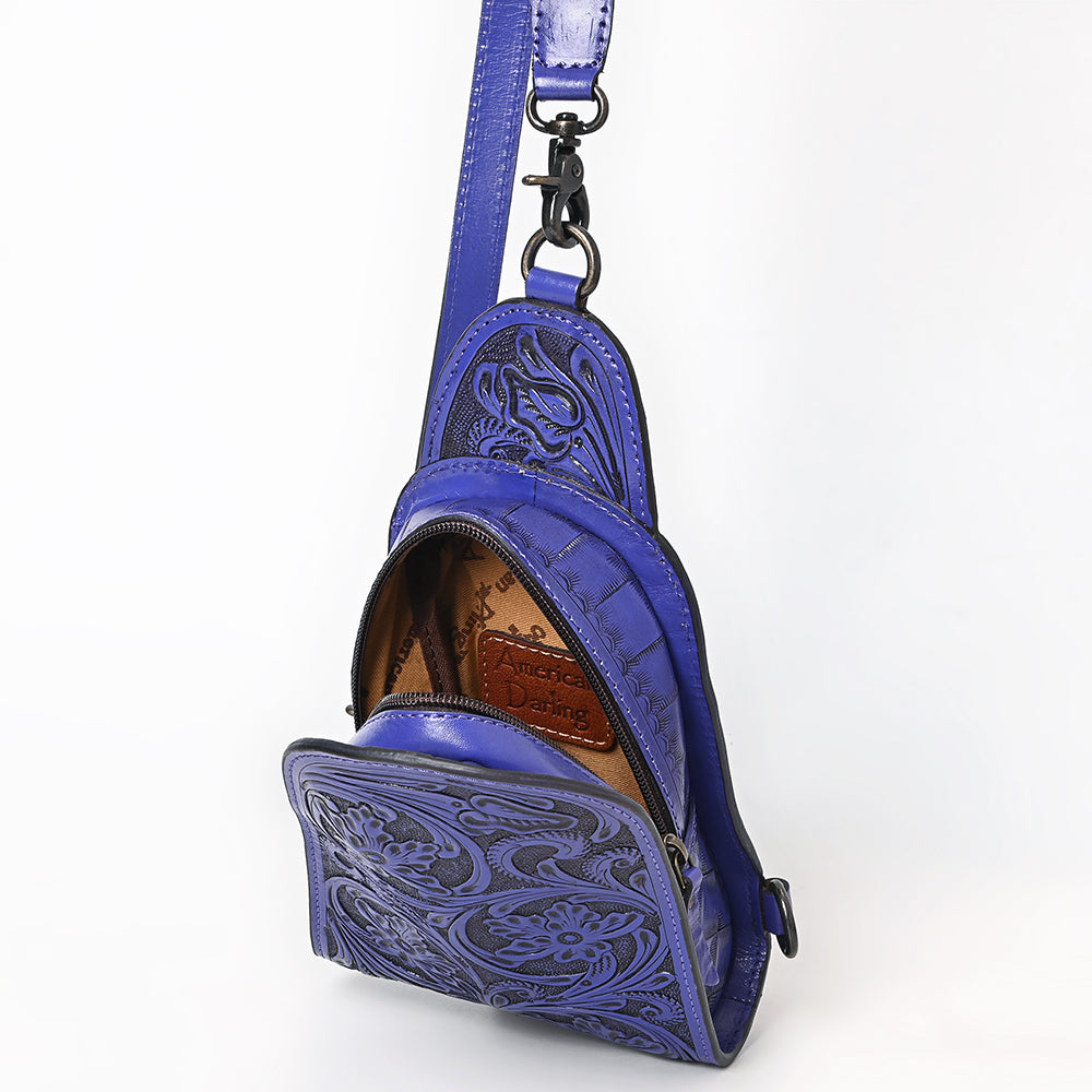 ADBG1542 Hand-Tooled Leather Sling Backpack - Western Crossbody Daypack