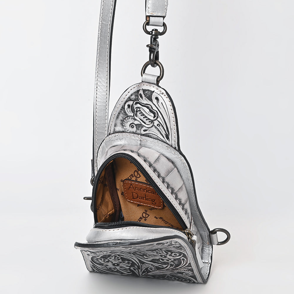 ADBG1542 Hand-Tooled Leather Sling Backpack - Western Crossbody Daypack