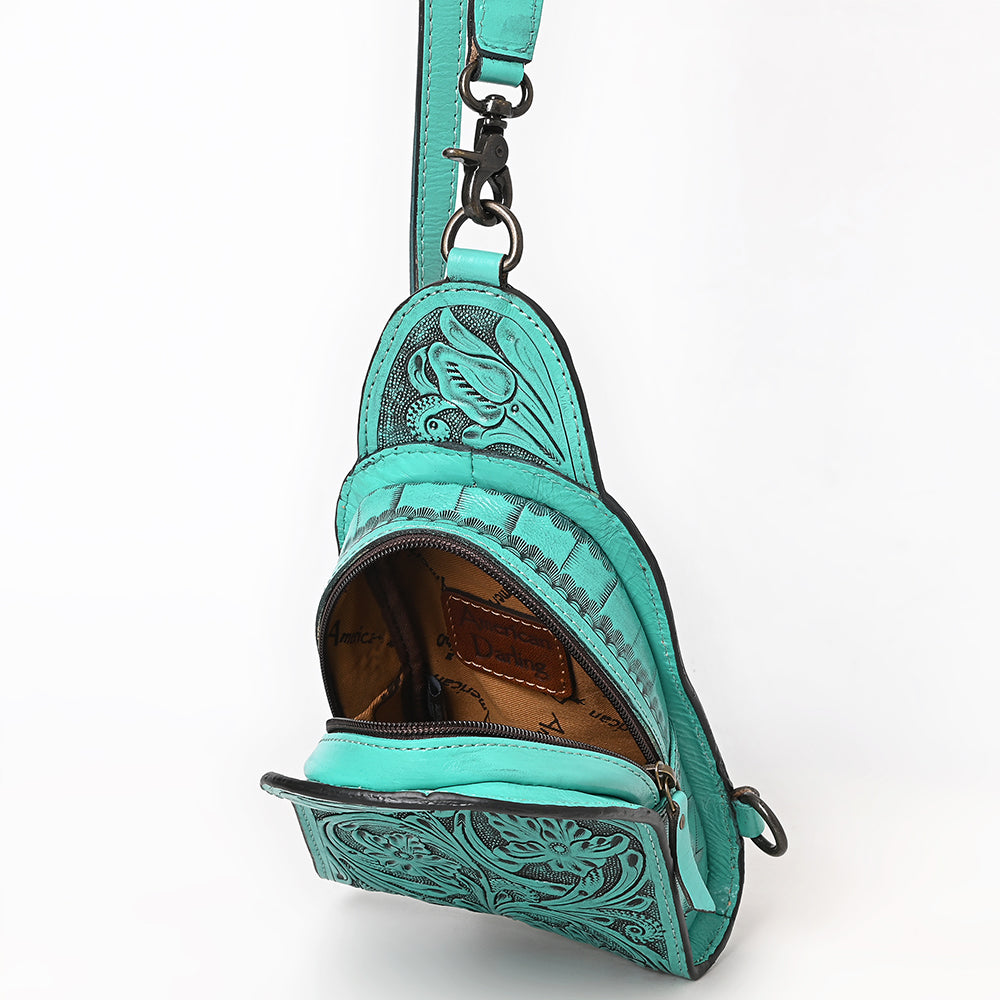 ADBG1542 Hand-Tooled Leather Sling Backpack - Western Crossbody Daypack