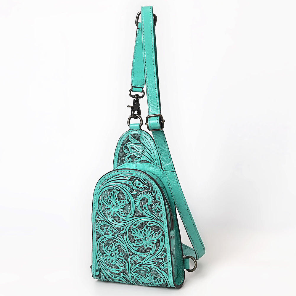 ADBG1542 Hand-Tooled Leather Sling Backpack - Western Crossbody Daypack