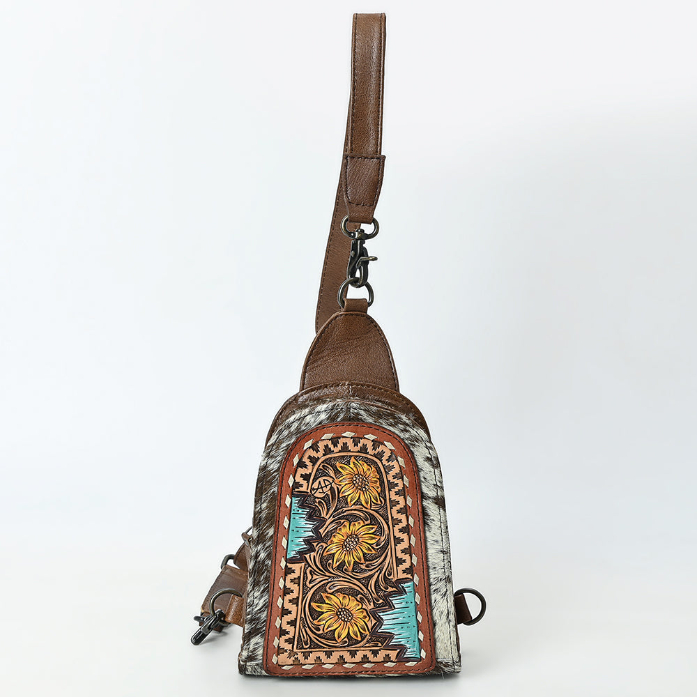 ADBG1543 Hand-Painted Floral Leather & Cowhide Sling Backpack - Western Crossbody Bag