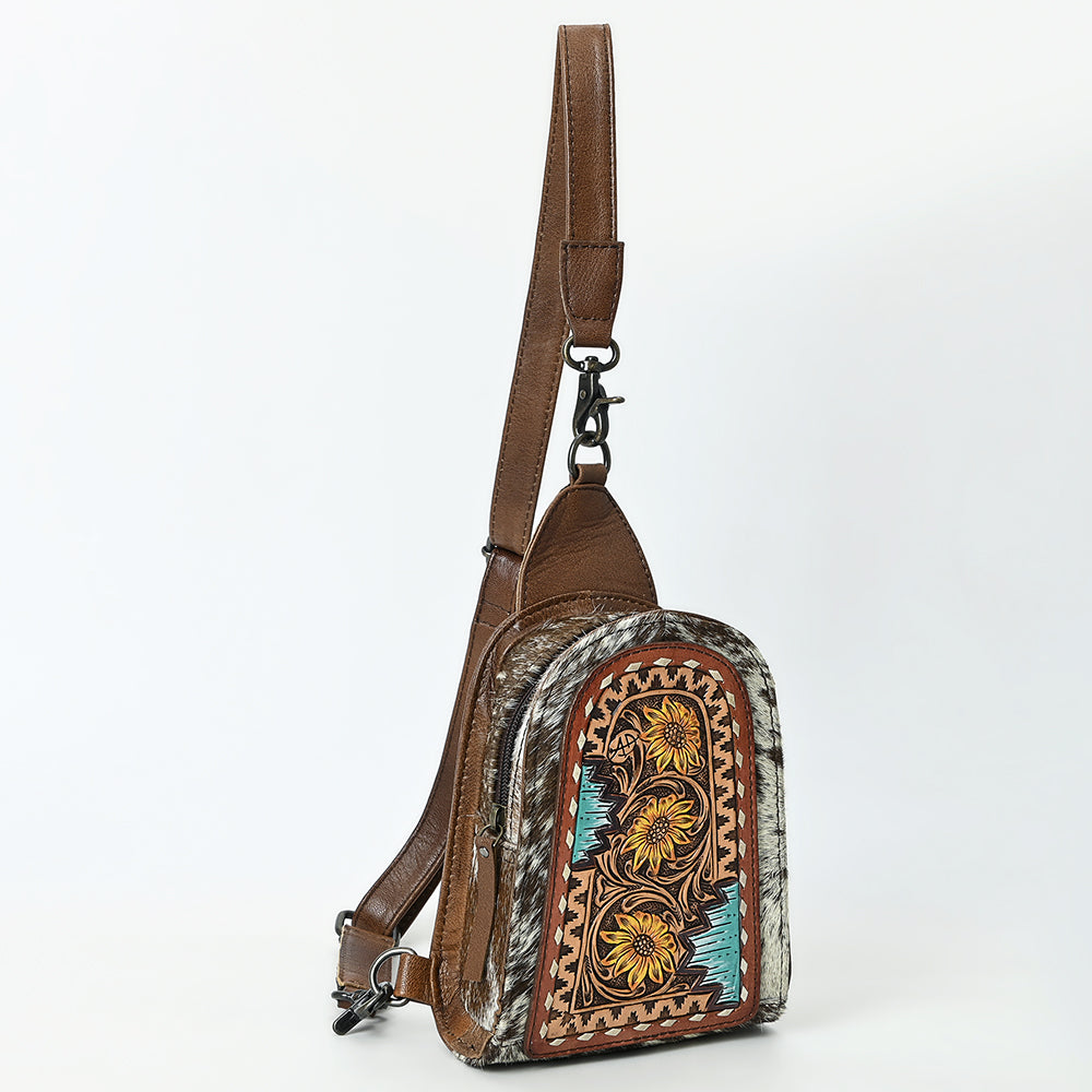 ADBG1543 Hand-Painted Floral Leather & Cowhide Sling Backpack - Western Crossbody Bag
