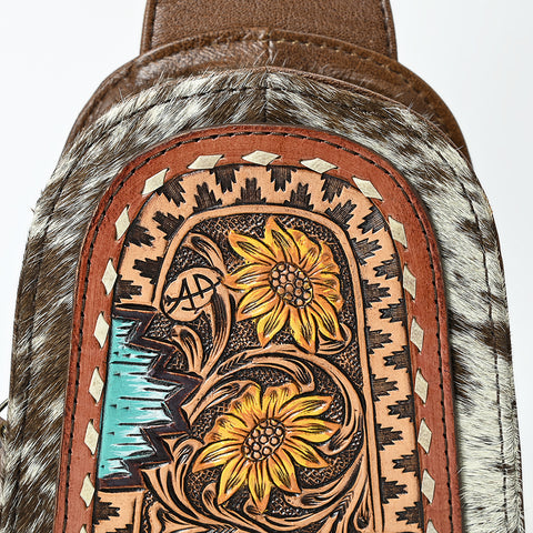 American Darling Handcrafted Western Leather Sling Bag with Hair-On Cowhide & Hand-Tooled Details