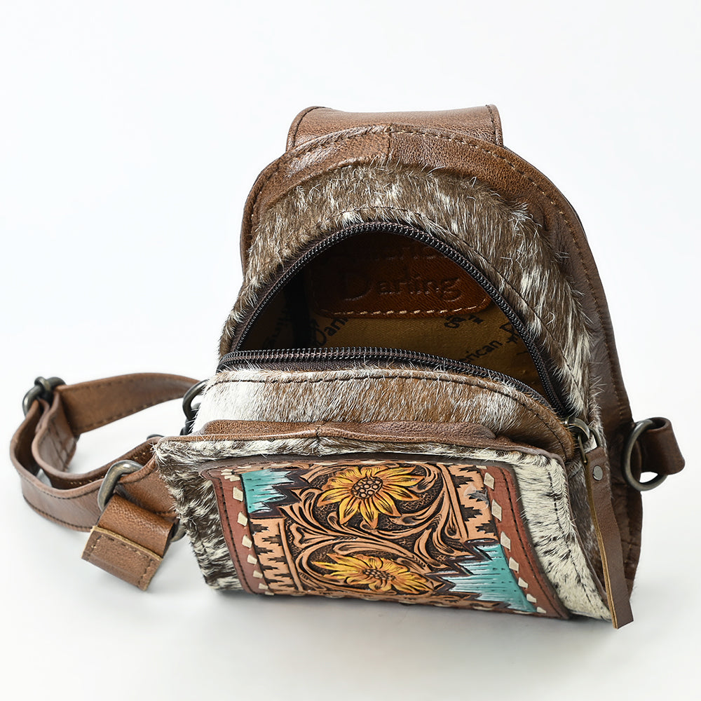 ADBG1543 Hand-Painted Floral Leather & Cowhide Sling Backpack - Western Crossbody Bag