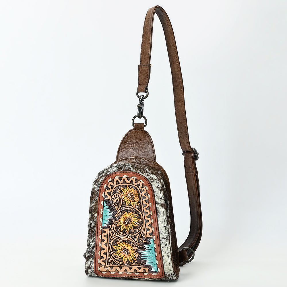 ADBG1543 Hand-Painted Floral Leather & Cowhide Sling Backpack - Western Crossbody Bag