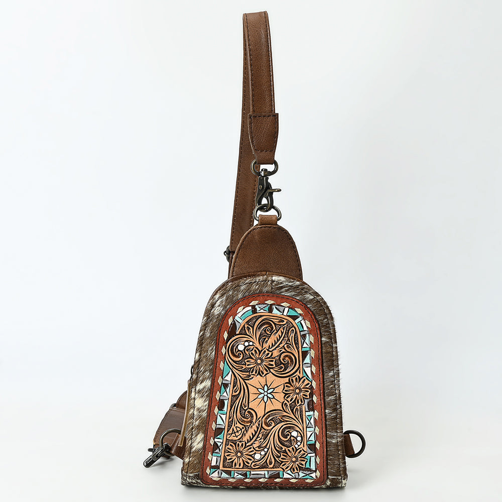 ADBG1543 Hand-Painted Floral Leather & Cowhide Sling Backpack - Western Crossbody Bag