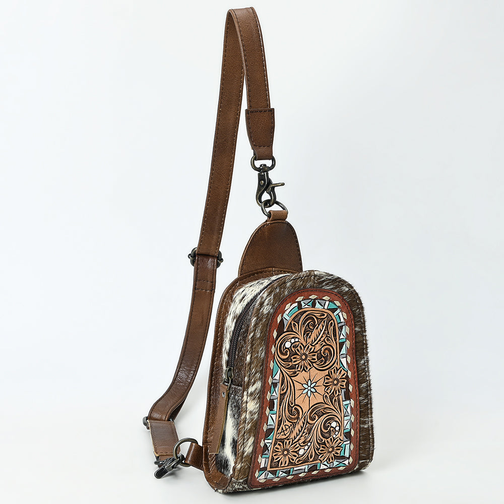 ADBG1543 Hand-Painted Floral Leather & Cowhide Sling Backpack - Western Crossbody Bag