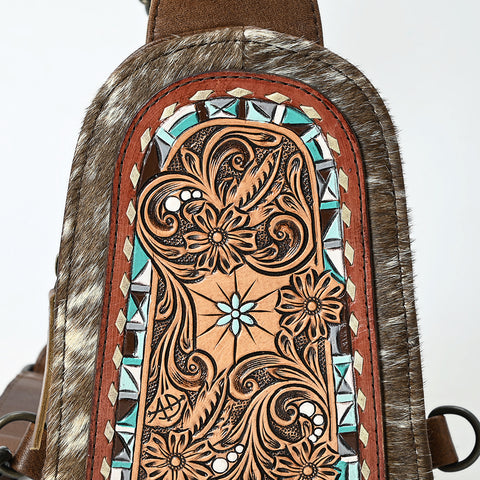 American Darling Handcrafted Western Leather Sling Bag with Hair-On Cowhide & Hand-Tooled Details