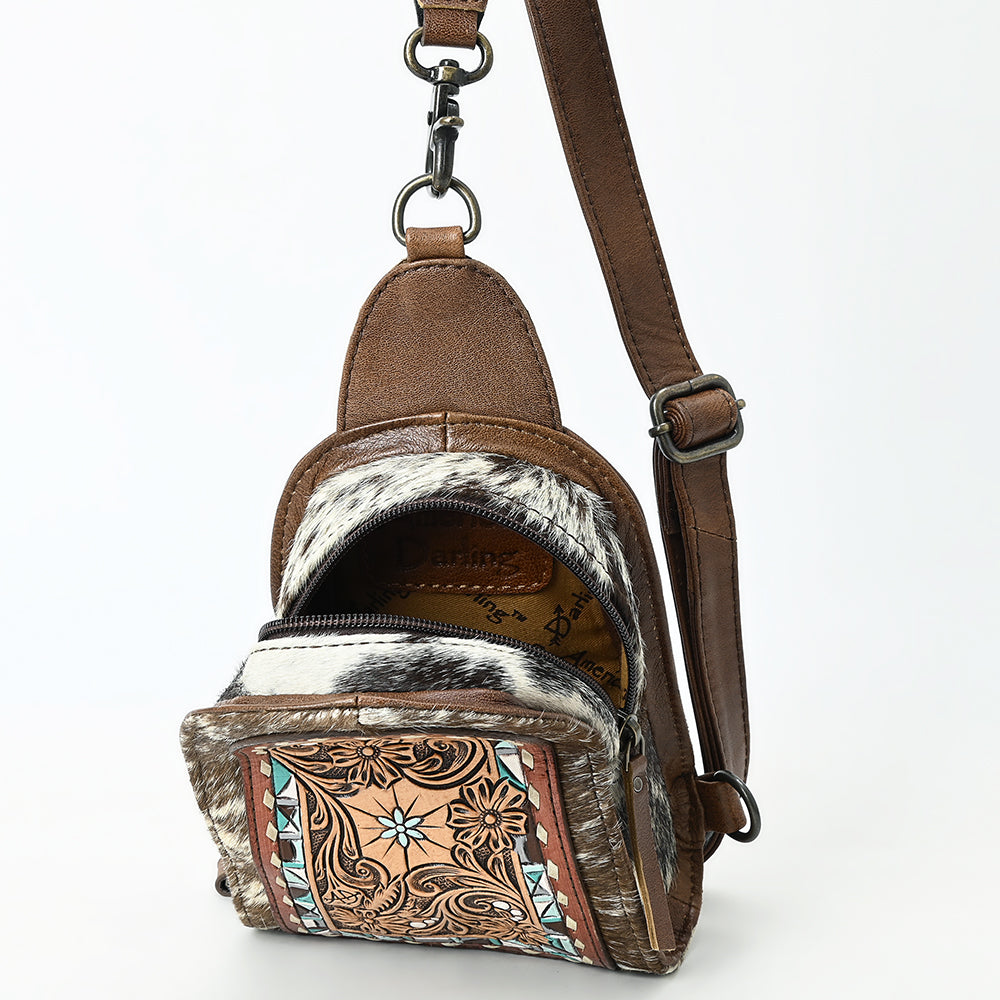 ADBG1543 Hand-Painted Floral Leather & Cowhide Sling Backpack - Western Crossbody Bag