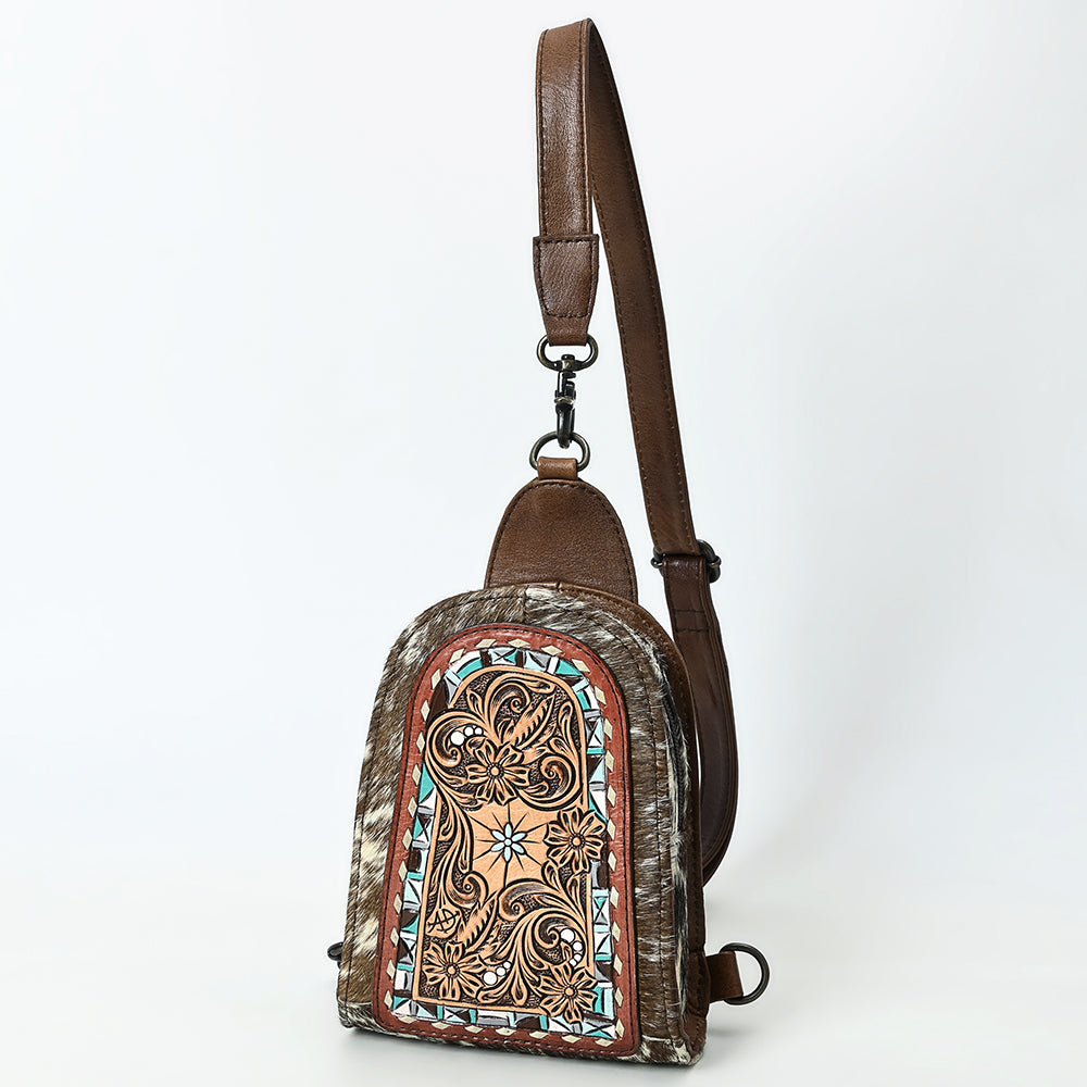 ADBG1543 Hand-Painted Floral Leather & Cowhide Sling Backpack - Western Crossbody Bag