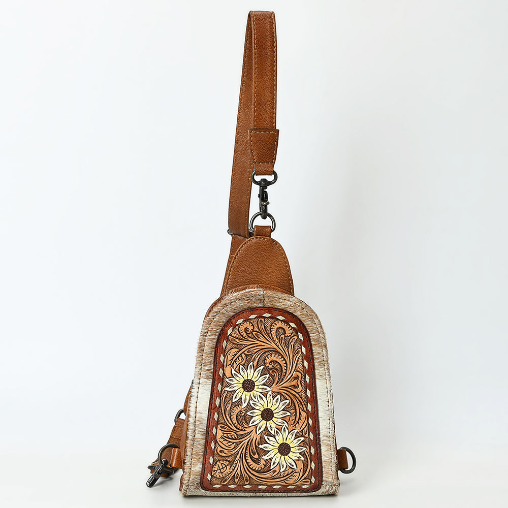 ADBG1543 Hand-Painted Floral Leather & Cowhide Sling Backpack - Western Crossbody Bag