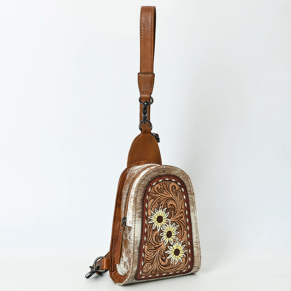 ADBG1543 Hand-Painted Floral Leather & Cowhide Sling Backpack - Western Crossbody Bag