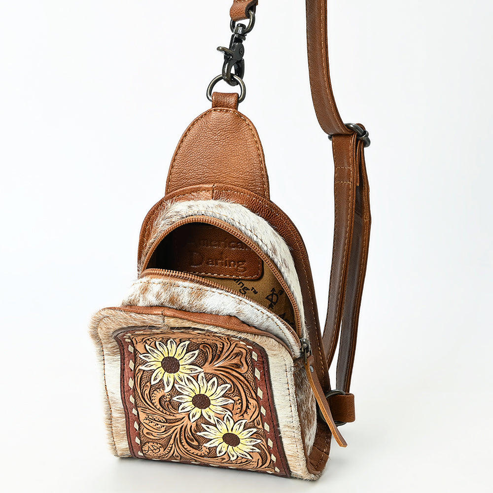 ADBG1543 Hand-Painted Floral Leather & Cowhide Sling Backpack - Western Crossbody Bag