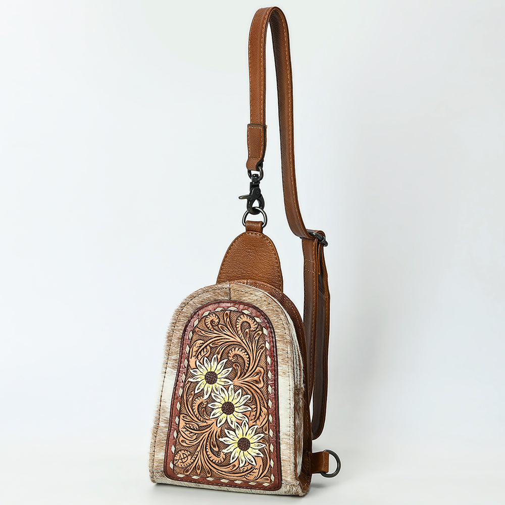 ADBG1543 Hand-Painted Floral Leather & Cowhide Sling Backpack - Western Crossbody Bag