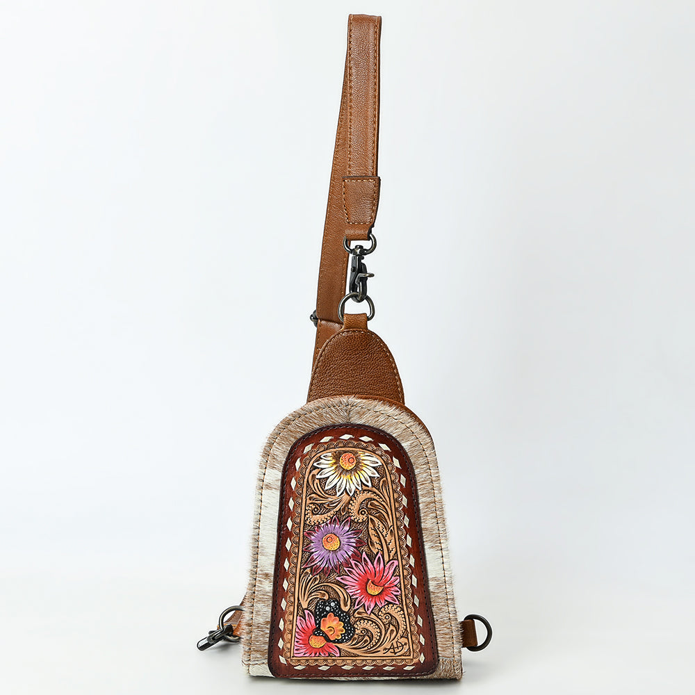 ADBG1543 Hand-Painted Floral Leather & Cowhide Sling Backpack - Western Crossbody Bag