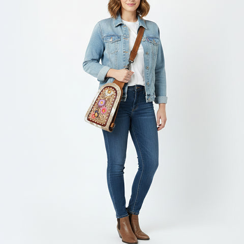 American Darling Handcrafted Western Leather Sling Bag with Hair-On Cowhide & Hand-Tooled Details