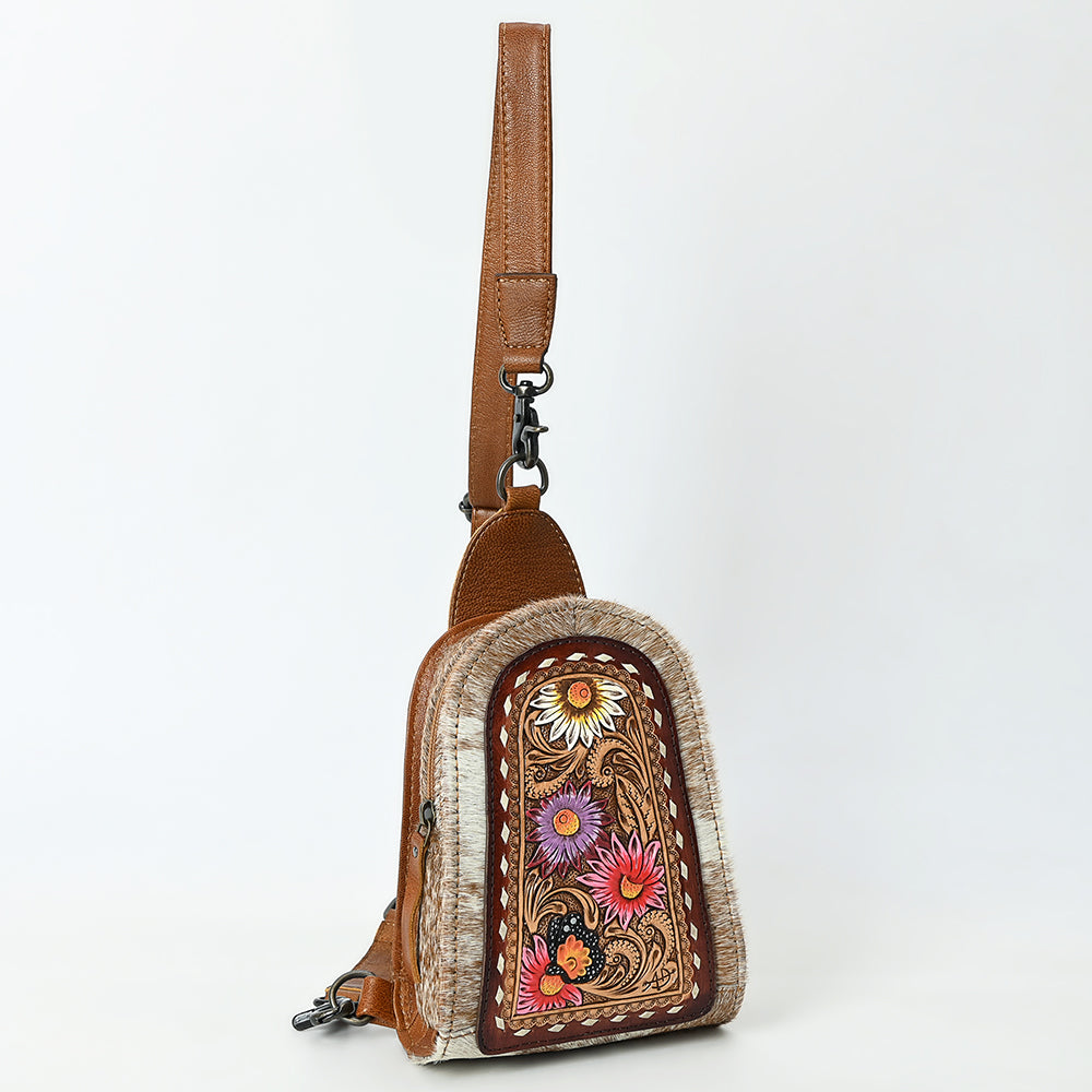 ADBG1543 Hand-Painted Floral Leather & Cowhide Sling Backpack - Western Crossbody Bag