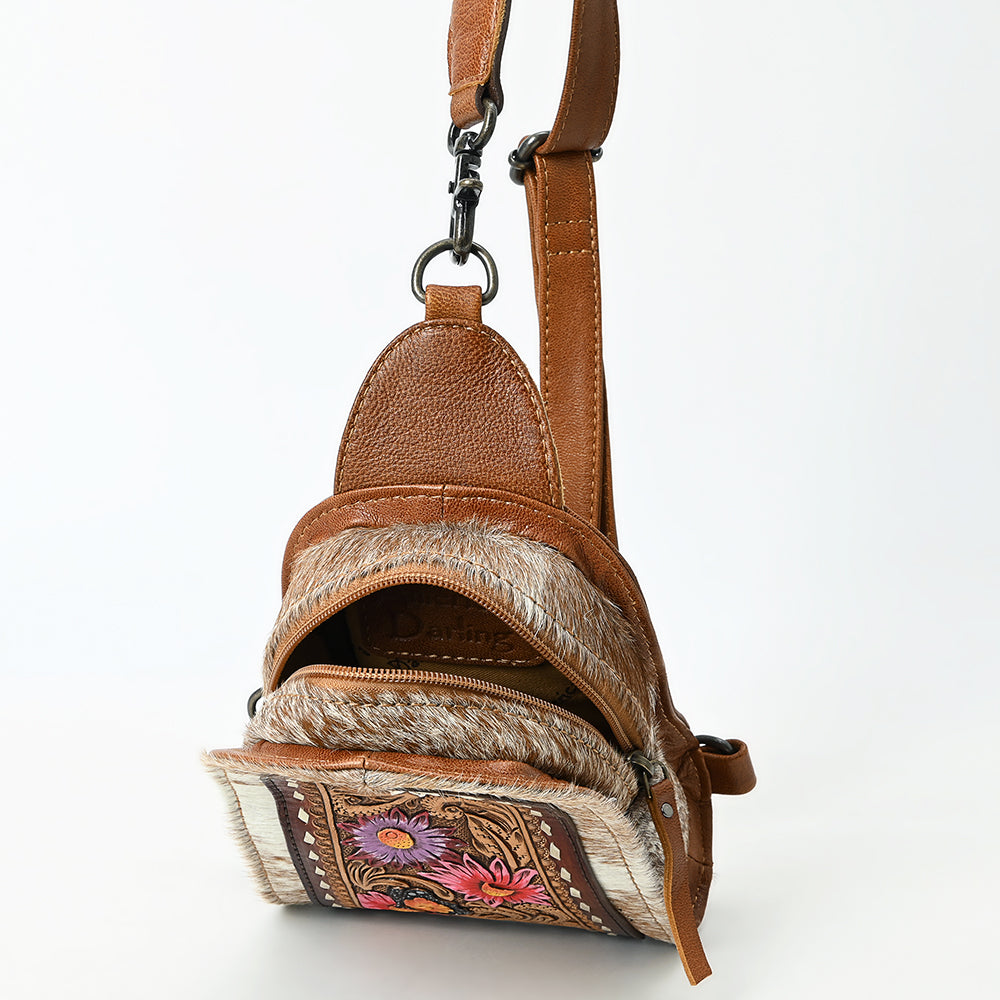 ADBG1543 Hand-Painted Floral Leather & Cowhide Sling Backpack - Western Crossbody Bag