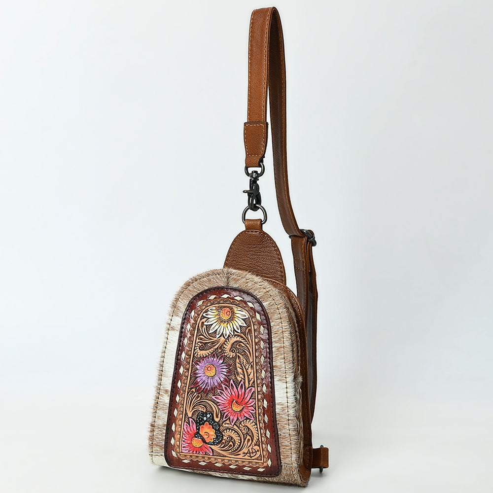 ADBG1543 Hand-Painted Floral Leather & Cowhide Sling Backpack - Western Crossbody Bag