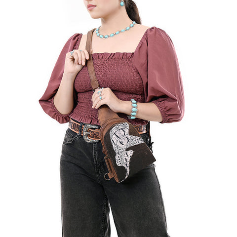 American Darling Western Leather Sling Bag Hair-On Cowhide Crocodile Embossed Detailing