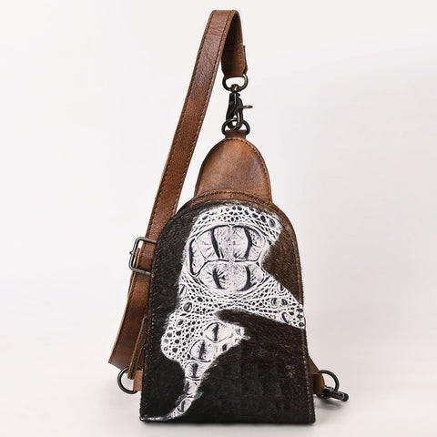 American Darling Western Leather Sling Bag Hair-On Cowhide Crocodile Embossed Detailing