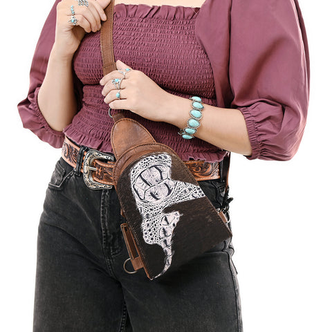 American Darling Western Leather Sling Bag Hair-On Cowhide Crocodile Embossed Detailing