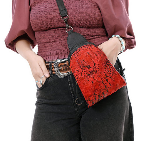 American Darling Western Leather Sling Bag Hair-On Cowhide Crocodile Embossed Detailing
