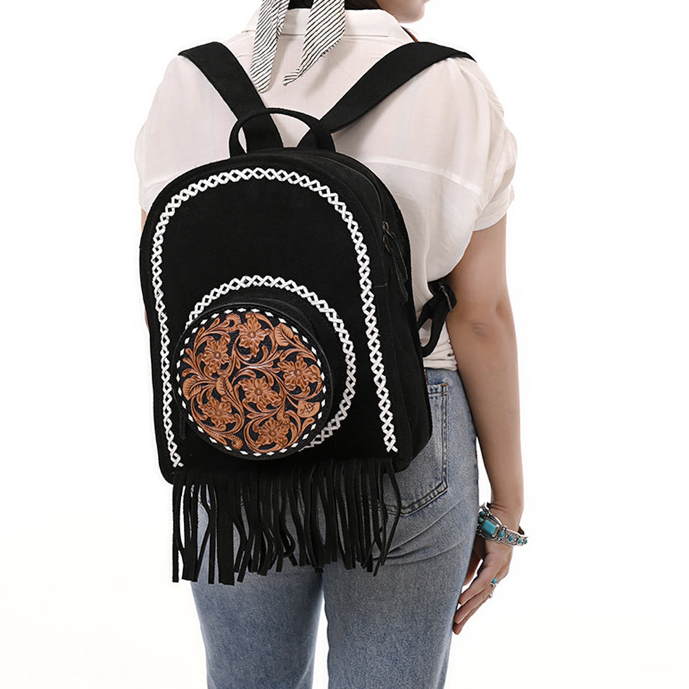 ADBG1546 Black Genuine suede Hand Tooled Western Backpack with Round Floral Leather & Fringe with white whipstitch
