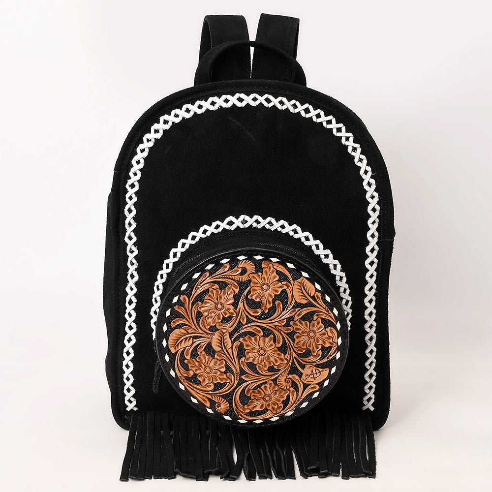 ADBG1546 Black Genuine suede Hand Tooled Western Backpack with Round Floral Leather & Fringe with white whipstitch