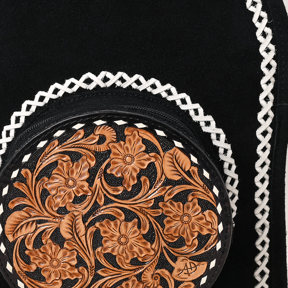 ADBG1546 Black Genuine suede Hand Tooled Western Backpack with Round Floral Leather & Fringe with white whipstitch