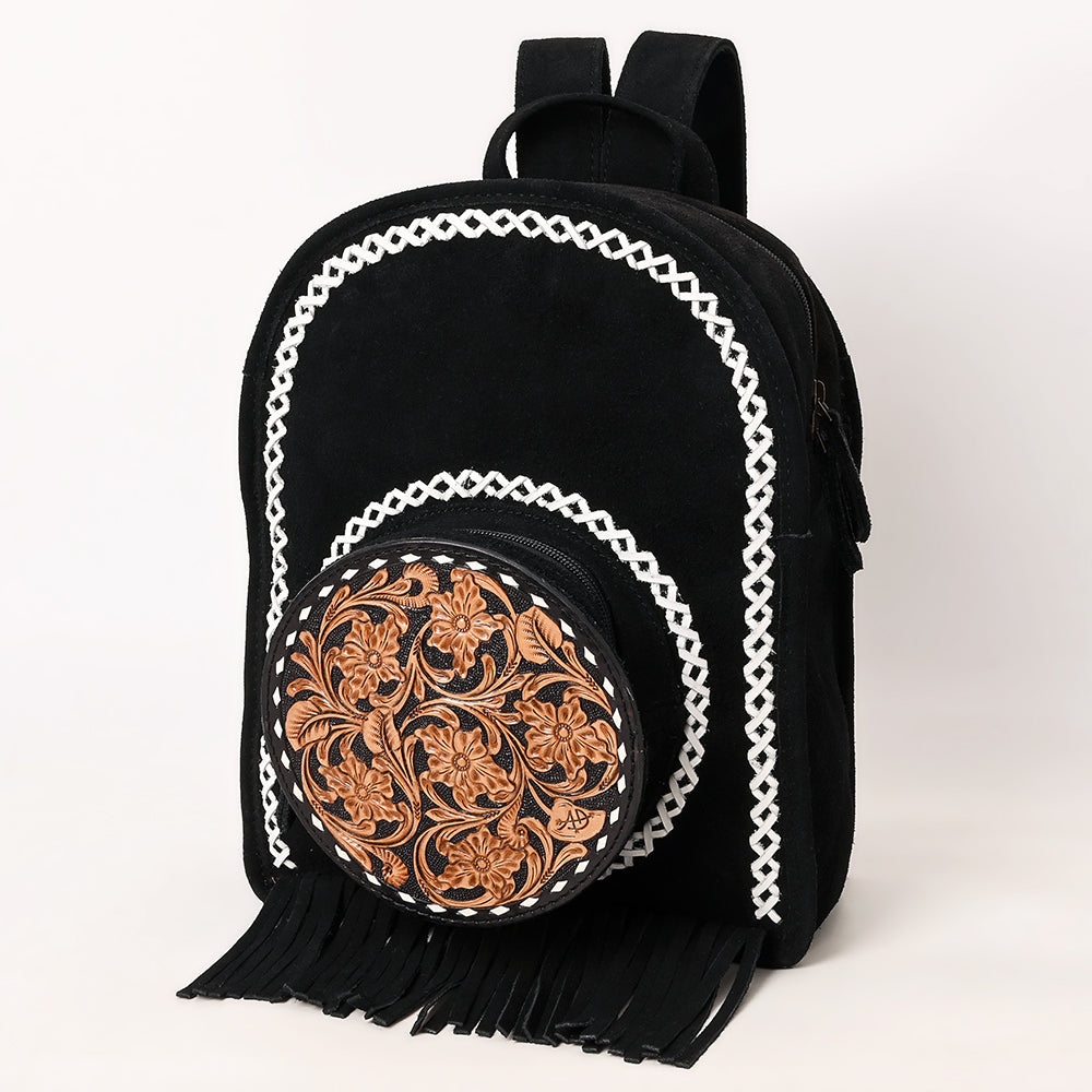 ADBG1546 Black Genuine suede Hand Tooled Western Backpack with Round Floral Leather & Fringe with white whipstitch