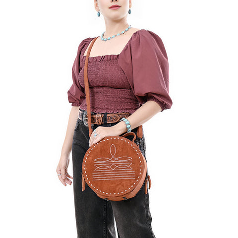 American Darling Western Genuine Suede Leather Canteen Bag with Stitch Detailing | Handcrafted Round Purse