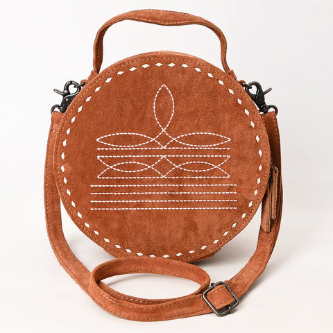 American Darling Western Genuine Suede Leather Canteen Bag with Stitch Detailing | Handcrafted Round Purse
