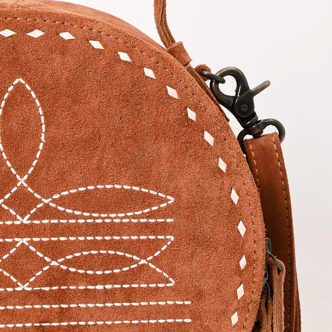 American Darling Western Genuine Suede Leather Canteen Bag with Stitch Detailing | Handcrafted Round Purse