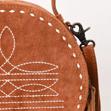ADBG1549 Suede Round Canteen Bag - Embroidered Western Boho Circle Purse