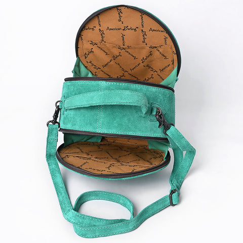 American Darling Western Genuine Suede Leather Canteen Bag with Stitch Detailing | Handcrafted Round Purse