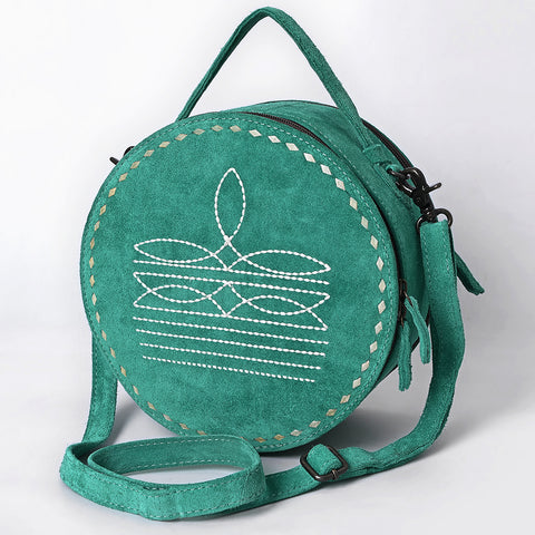 American Darling Western Genuine Suede Leather Canteen Bag with Stitch Detailing | Handcrafted Round Purse